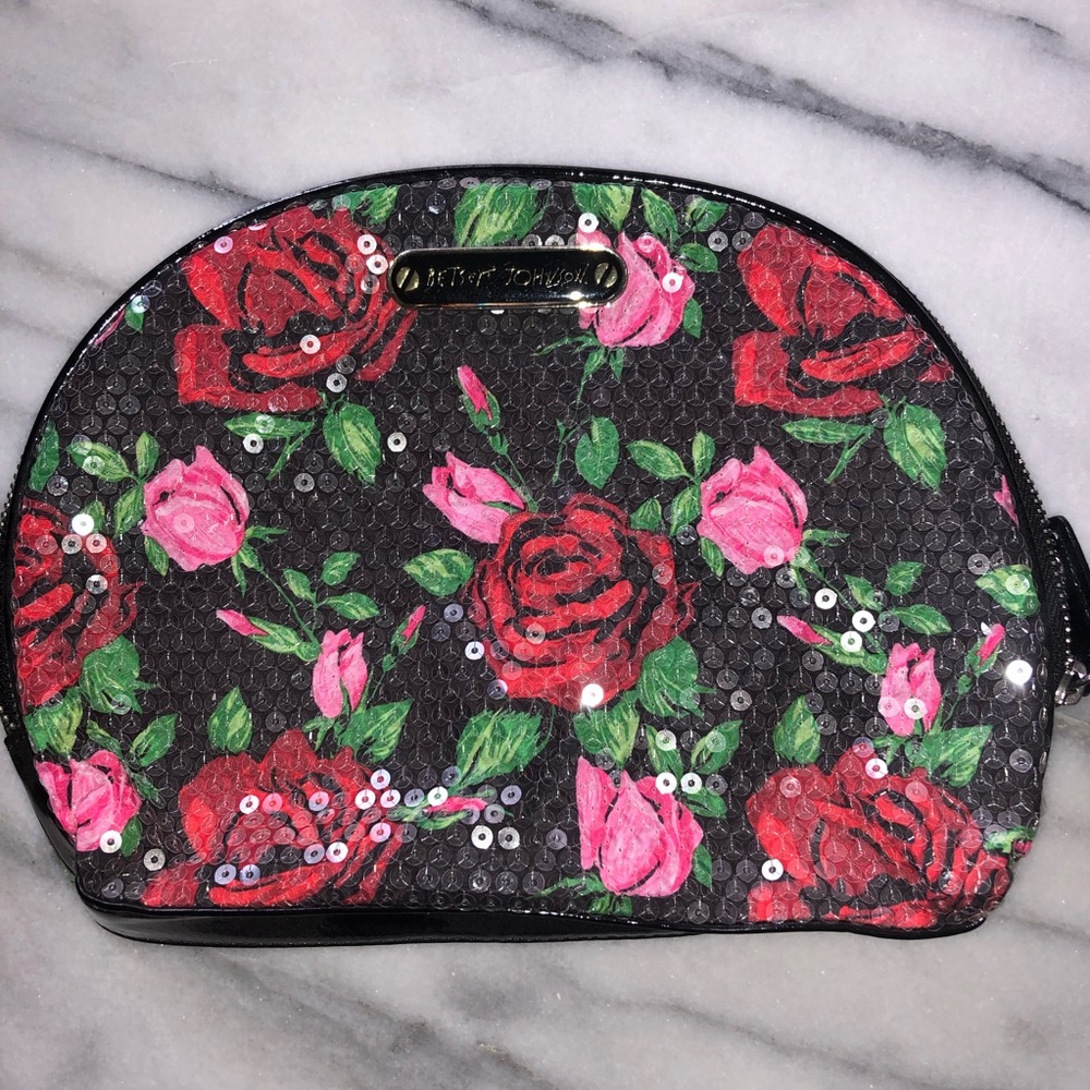 Betsey Johnson Sequin Rose Print Makeup Bag, NWOT